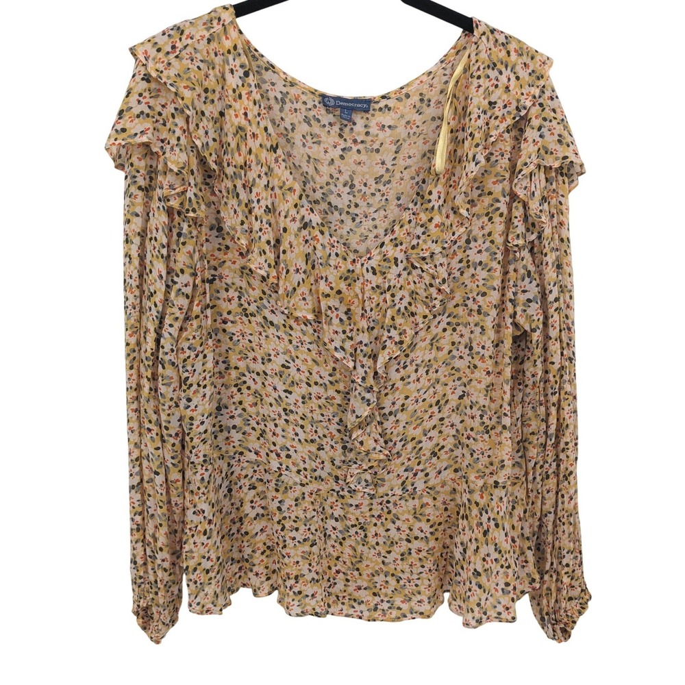 Democracy Blouse Womens XL Yellow Floral Ruffle Long Sleeve Top Boho Casual